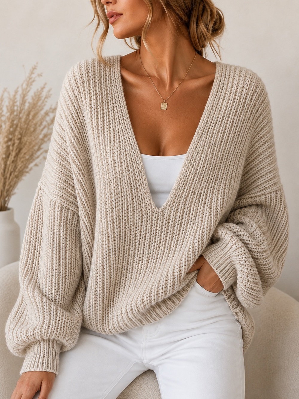 POL Crochet Chunky Cream Sweater Boho Oversized Cold Shoulder Deep V-Neck Womens